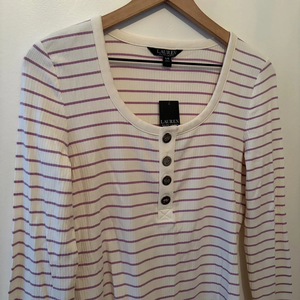 Lauren Ralph Lauren Long Sleeve Striped Henley Top in Mascarpone Cream